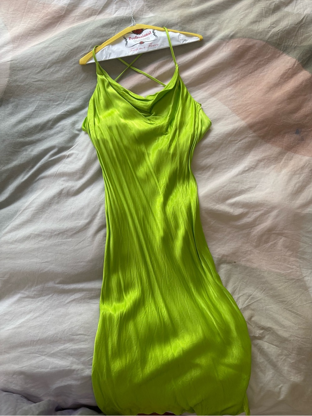 Rat & Boa Neon Lime Satin Midi Dress with Cowl Neck